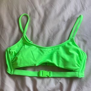 Neon green bikini top with buckle accessory